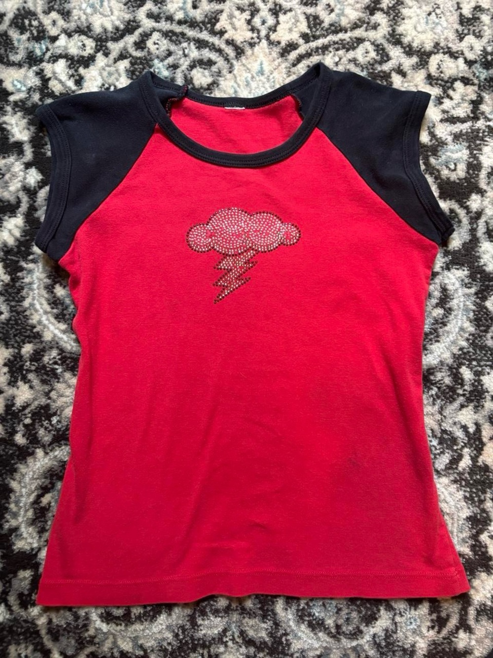 Vintage Red and Black Short-Sleeve Tee with Rhinestone Lightning Cloud